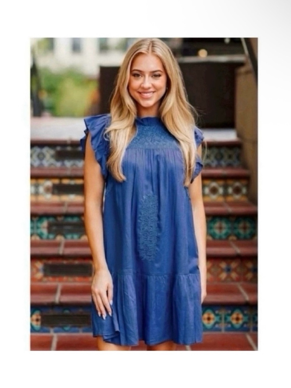 J.Marie Kelsea Ruffled Neck Cap Sleeve Embroidered tiered casual summer Dress